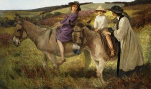 Zwei Kinder reiten auf Eseln am Rand eines Moors von George Edmund Butler