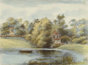 Chinesischer Tempel und Tempel des Eolus, Kew Gardens, Tafel 16 aus Kew Gardens: Eine Serie von vierundzwanzig Zeichnungen auf Stein, graviert von Charles Hullmandel (1789-1850), veröffentlicht 1820