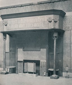 Kamin entworfen von C. Harrison Townsend mit Schnitzerei entworfen und ausgeführt von George Frampton, Künstler: George Frampton, Charles Harrison Townsend von Charles Harrison Townsend