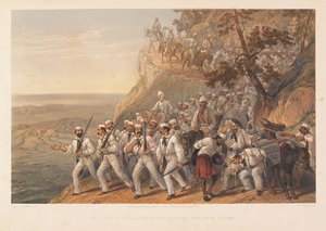 Die 1. Bengal Fusiliers marschieren von Dugshai herunter, 1857