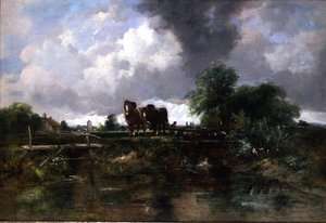 Bewaldete Flusslandschaft mit Pferden, die eine Schleuse bedienen