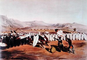 Umpanda überprüft seine Truppen in Nonduengo, graviert von J. Needham, ca. 1849