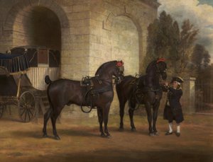 Zwei schwarze Kutschpferde mit einem Kutscher, 1791