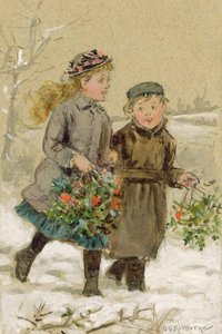 Kinder spielen im Schnee - Sammeln von Stechpalmen von George Goodwin Kilburne