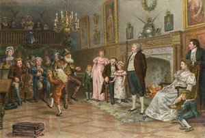 Innenansicht der Ahnenhalle des Gutsherrn: Landmummern geben eine Weihnachtsvorstellung