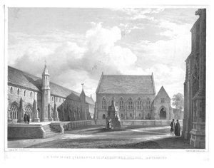 Südwestansicht im Innenhof des St. Augustines College, Canterbury, ca. 1847 von George Hawkins