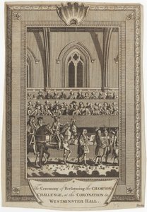 Die Zeremonie der Durchführung der Herausforderung des Champions bei der Krönung in der Westminster Hall von George Hawkins
