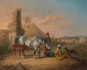 Graue arabische Stute und Fohlen mit einer Familie