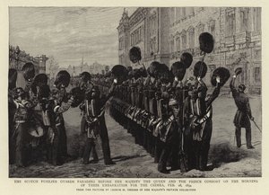 Die Scotch Fusilier Guards paradieren vor Ihrer Majestät der Königin und dem Prinzgemahl am Morgen ihrer Einschiffung für die Krim, 28. Februar 1854