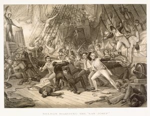 Horatio Nelson besteigt die San Josef in der Schlacht von Kap St. Vincent, 14. Februar 1797, graviert von John Crew nach dem Original in der Greenwich Hospital Collection von George Jones