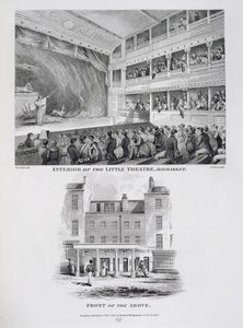 Innenraum des Little Theatre, Haymarket in London und die Front des Obigen, graviert von James Stow, 1815