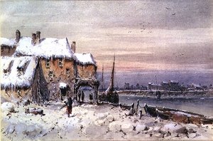 Haus am Fluss im Winterfrost