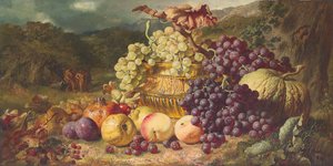 Stillleben mit Obst in einer Landschaft, eine Jagdgesellschaft im Hintergrund, 1859