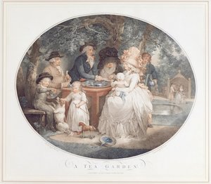 Ein Teegarten, Farbstich nach Morland von Francois David Saron (geboren 1764)