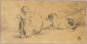 Kind spielt mit Ball und Hund von George Morland