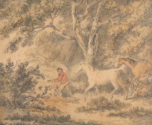 Landschaft mit Pferden, Bauer und Hund
