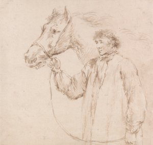 Mann hält Pferd am Zügel von George Morland