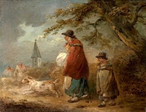 Frau, Kind und Hund auf einer Straße von George Morland