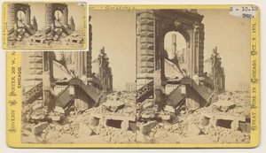 Stereograph des Bryan Block an der nordwestlichen Ecke der Monroe und LaSalle Streets nach dem Chicago-Feuer von 1871, 1871 von George N. Barnard