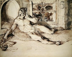Ein liegender Jugendlicher, erschreckt von einer Eule von George Richmond