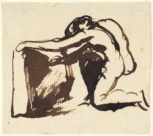 Kniende nackte Figur, die auf eine große Tafel schreibt von George Romney