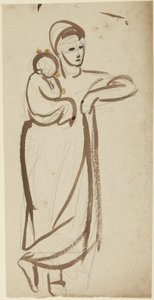 Stehende weibliche Figur, die ein Kind hält
