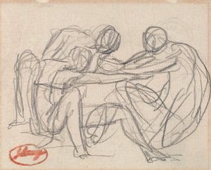Zwei kniende Figuren kämpfen mit einer sitzenden Figur von George Romney