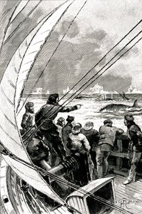 Auf See Richtung Pol: Die Besatzung eines Schiffes (Segelboot) sieht eine Gruppe von Walen. Illustration des Romans von Jules Verne (1828-1905) „Der Eissphinx“ von George Roux