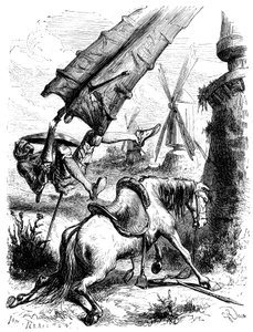 Kampf gegen die Windmühlen: Don Quixote und Rossinante werden vom Flügel einer Mühle zu Boden geworfen von George Roux