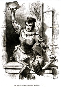 Don Quijotes Haushälterin wirft die Bücher aus ihrer Bibliothek aus dem Fenster