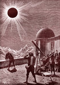 Entdecker in der afrikanischen Wüste betrachten die Sonnenfinsternis. 1888 (Stich) von George Roux