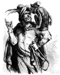 Illustration von George Roux (1853-1929) für Don Quijote von Cervantes: Meister Peter und sein Affe - der Affe in der Literatur -