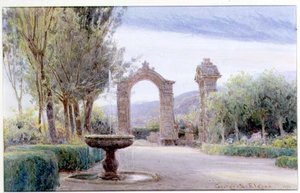 Ein italienischer Garten mit einem Brunnen und zwei Torbögen