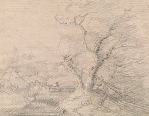 Landschaft mit Fußbrücke und großem Baum von George Smith