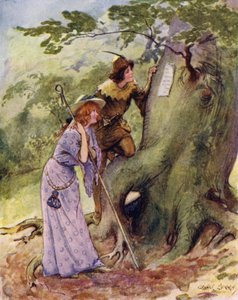 Ganymed und Aliena waren seltsam überrascht, den Namen Rosalind auf den Bäumen eingeritzt zu finden von George Soper