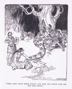 Dann sprang Jason müde hervor und riss das Vlies vom Baumstamm, aus Die Helden, veröffentlicht von George Allen und Unwin 1929 von George Soper