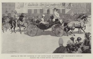 Ankunft des neuen Gouverneurs von New South Wales in Sydney, Lord Beauchamps Kutsche passiert das Zollhaus, Circular Quay von George Washington Lambert