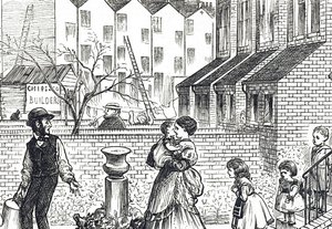Karikatur, die die schnelle städtische Expansion und den Pfusch am Bau kommentiert von George du Maurier