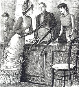 Karikatur, die die Arbeitsbedingungen von Ladenangestellten kommentiert von George du Maurier
