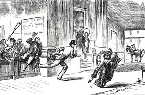 Karikatur von Doktor Meilanion Jones, der im Wettlauf um Patienten von der schönen Doktorin Atlanta Robinson überholt wird von George du Maurier