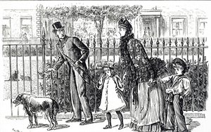Karikatur, die eine Familie zeigt, die durch die Straßen des viktorianischen Londons geht von George du Maurier