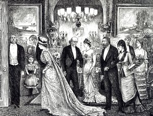 Karikatur, die eine elegante Soirée in einem viktorianischen Haus zeigt von George du Maurier