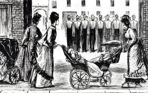 Karikatur, die Kindermädchen zeigt, die ihre Kinderwagen an den Kasernen vorbeischieben von George du Maurier