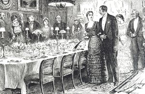 Karikatur mit dem Titel "Zum Abendessen gehen" zeigt ein junges Paar, das einen Speisesaal betritt von George du Maurier