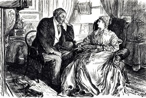 Georges du Maurier Karikatur, die ein Gespräch zwischen einem Mann und einer Frau über die beruhigenden Vorteile von Lebertran illustriert. England 1869