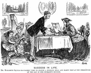 Erfolg im Leben: Rollentausch und die moderne berufstätige Frau. George du Maurier Karikatur für Punch Almanack für 1867. 1865 wurde Elizabeth Garrett Anderson (1836-1917) von der Gesellschaft der Apotheker zur Ausübung zugelassen. von George du Maurier