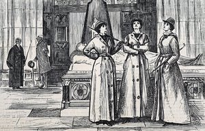 Drei Frauen in langen Mänteln in einem Museum von George du Maurier