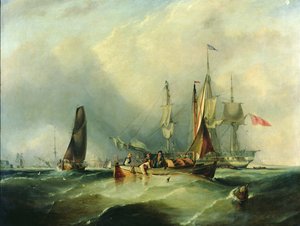 Ein Kriegsschiff und Fischerboote vor Southsea von George the Elder Chambers