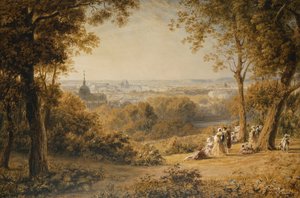 Ein Blick auf Versailles mit eleganten Figuren im Vordergrund bei Sonnenuntergang von George the Younger Barret