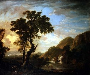 Waldflusslandschaft mit Figuren im Vordergrund und Wasserfall im Hintergrund von George the Younger Barret